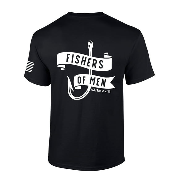 Mens Christian Shirt Fishers of Men Matthew 4:19 Scripture American Flag Sleeve T-shirt Graphic Tee-Black-medium