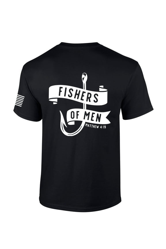 Mens Christian Shirt Fishers of Men Matthew 4:19 Scripture American Flag Sleeve T-shirt Graphic Tee-Black-medium