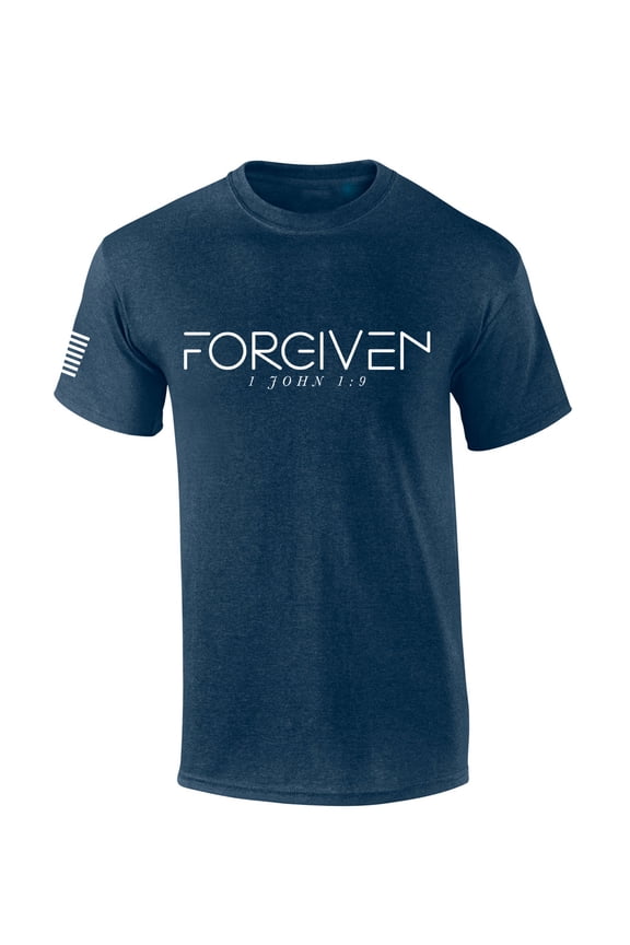 Mens Christian Shirt Forgiven 1 John 1:9 Short Sleeve T-shirt Graphic Tee -Heather Navy-large