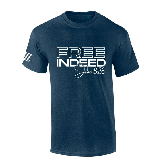 Mens Christian Shirt Free Indeed John 8:36 Scripture Christian Flag Sleeve Short Sleeve T-shirt Graphic Tee-Heather Navy-large
