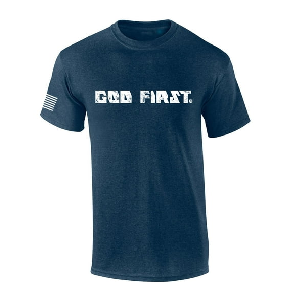 Mens Christian Shirt God First Put God First Jesus Christ Fath Christian Flag Sleeve Short Sleeve T-shirt Graphic Tee-Heather Navy-small