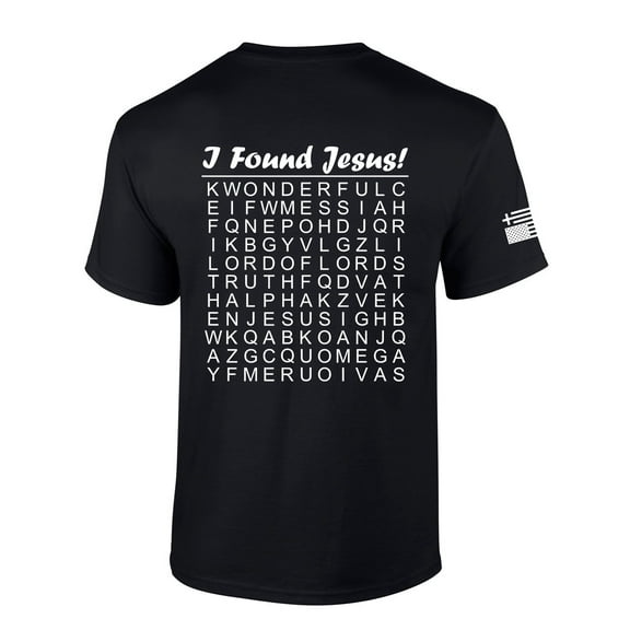 Mens Christian Shirt I Found Jesus Funny Crossword Puzzle Back Design Short Sleeve T-shirt Graphic Tee-Black-small