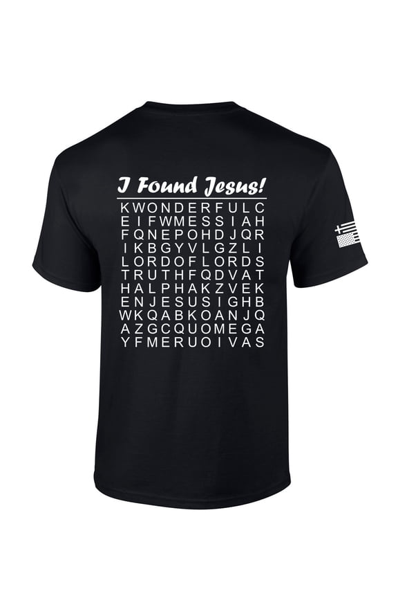 Mens Christian Shirt I Found Jesus Funny Crossword Puzzle Back Design Short Sleeve T-shirt Graphic Tee-Black-xxxl