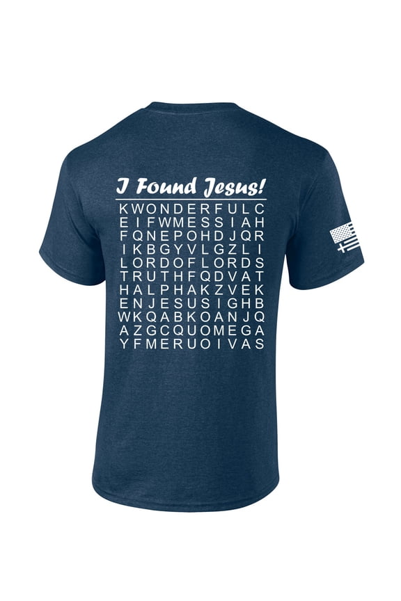 Mens Christian Shirt I Found Jesus Funny Crossword Puzzle Back Design Short Sleeve T-shirt Graphic Tee-Heather Navy-large