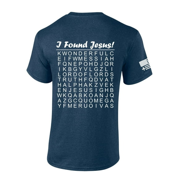 Mens Christian Shirt I Found Jesus Funny Crossword Puzzle Back Design Short Sleeve T-shirt Graphic Tee-Heather Navy-xxxl