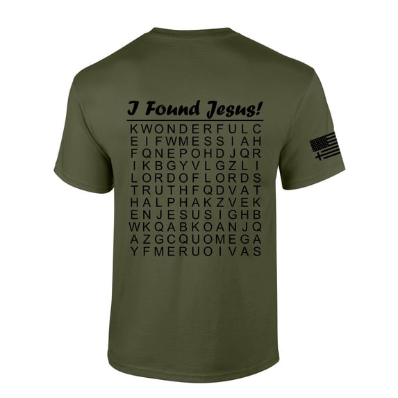Mens Christian Shirt I Found Jesus Funny Crossword Puzzle Back Design Short Sleeve T-shirt Graphic Tee-Military-small
