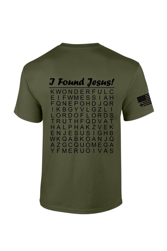 Mens Christian Shirt I Found Jesus Funny Crossword Puzzle Back Design Short Sleeve T-shirt Graphic Tee-Military-xl
