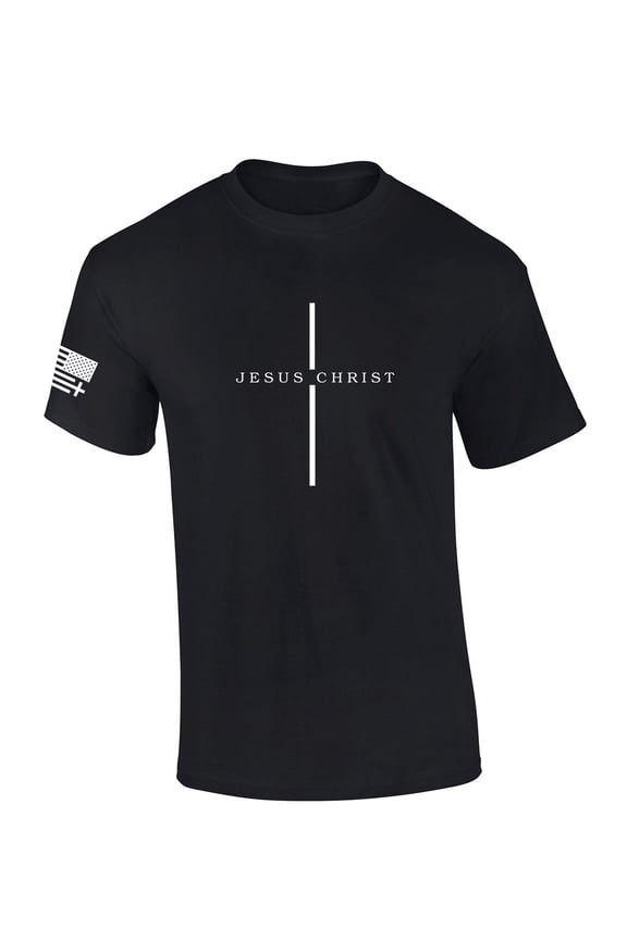 Mens Christian Shirt Jesus Christ Cross Scripture American Flag Sleeve T-shirt Graphic Tee-Black-large