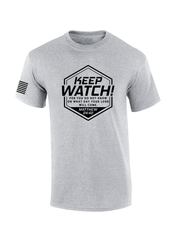 Mens Christian Shirt Keep Watch Matthew 24:42 Scripture American Flag Sleeve T-shirt Graphic Tee-Sports Grey-medium