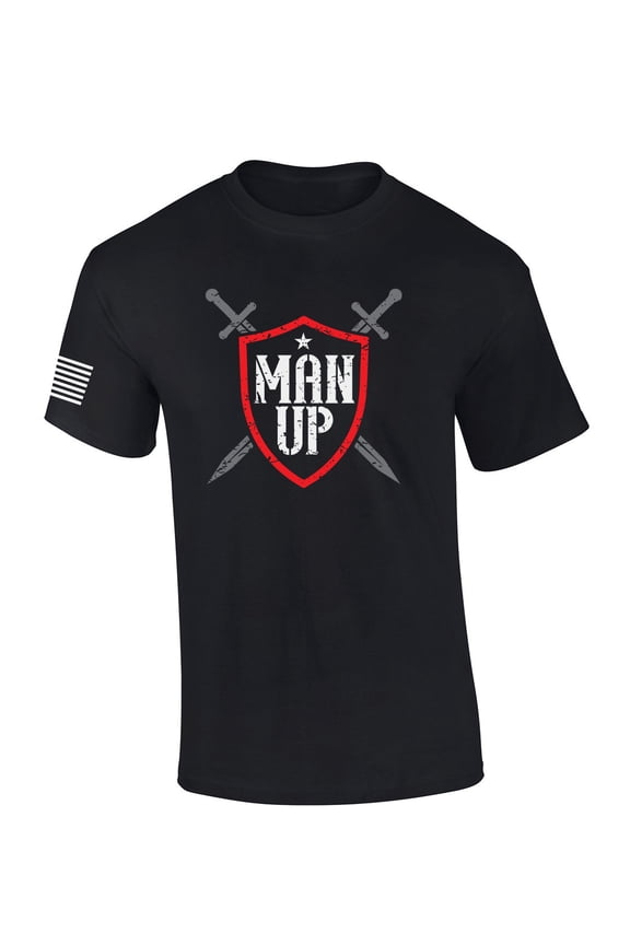 Mens Christian Shirt Man Up Swords and Shield Scripture American Flag Sleeve T-shirt Graphic Tee-Black-medium