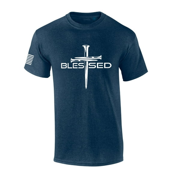 Mens Christian Shirt Nail Cross Blessed Short Sleeve T-shirt Graphic Tee-Heather Navy-5xl