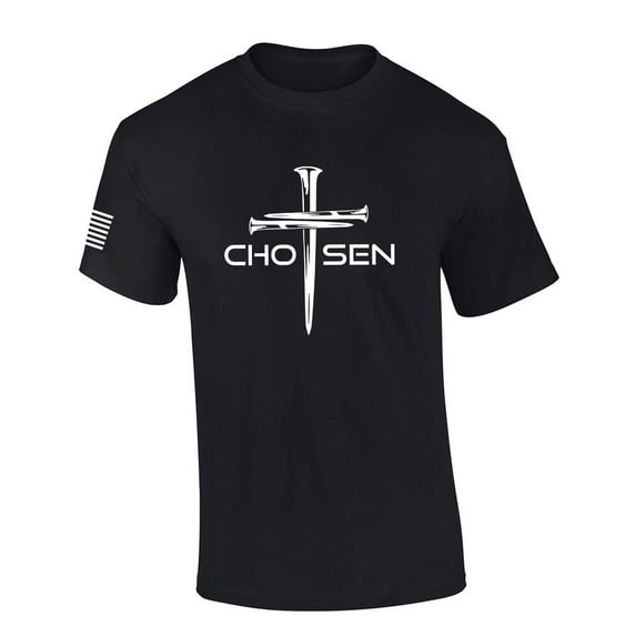 Mens Christian Shirt Nail Cross Chosen Short Sleeve T-shirt Graphic Tee-Black-large