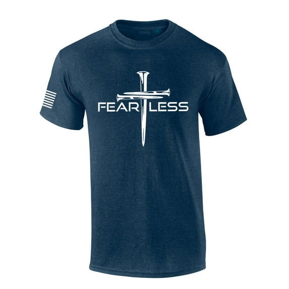 Mens Christian Shirt Nail Cross Fearless Short Sleeve T-shirt Graphic Tee-Heather Navy-xl