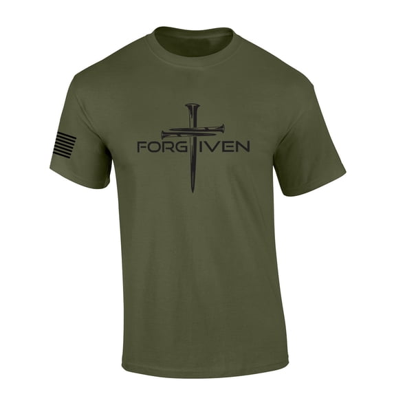 Mens Christian Shirt Nail Cross Forgiven Short Sleeve T-shirt Graphic Tee-Military Green-small