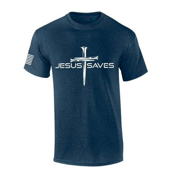 Mens Christian Shirt Nail Cross Jesus Saves Short Sleeve T-shirt Graphic Tee-Heather Navy-medium