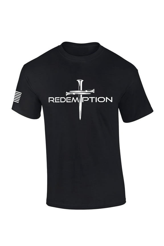 Mens Christian Shirt Nail Cross Redemption Short Sleeve T-shirt Graphic Tee-Black-large