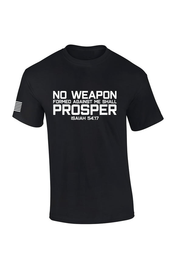 Mens Christian Shirt No Weapon Formed Against Me Shall Prosper Isaiah 54:17 Scripture Flag Sleeve Short Sleeve T-shirt Graphic Tee-Black-large