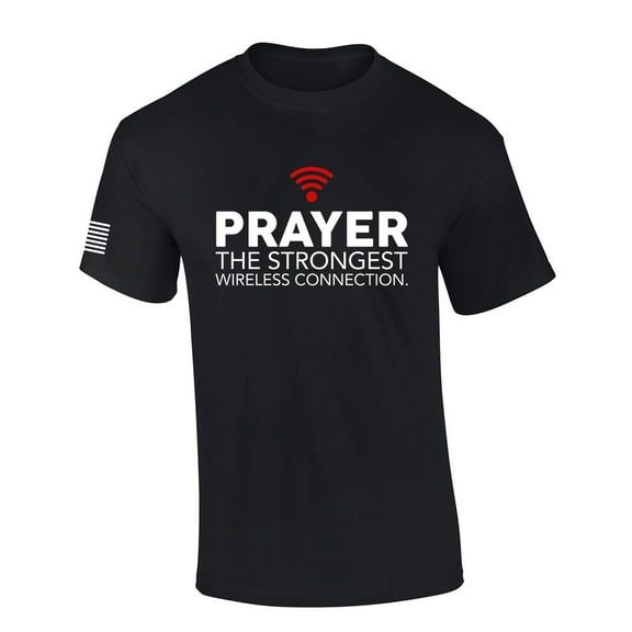 Mens Christian Shirt Prayer the Strongest Wireless Connection Flag Sleeve Short Sleeve T-shirt Graphic Tee-Black-small