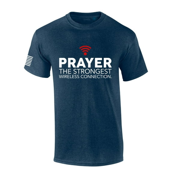 Mens Christian Shirt Prayer the Strongest Wireless Connection Flag Sleeve Short Sleeve T-shirt Graphic Tee-Heather Navy-medium