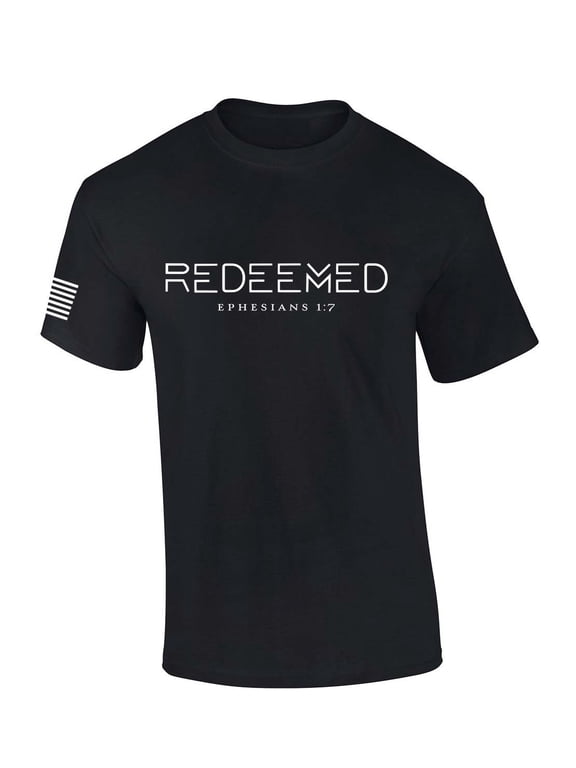 Mens Christian Shirt Redeemed Ephesians 1:7 Scripture American Flag Sleeve T-shirt Graphic Tee-Black-xl