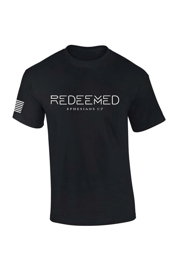 Mens Christian Shirt Redeemed Ephesians 1:7 Scripture American Flag Sleeve T-shirt Graphic Tee-Black-xl