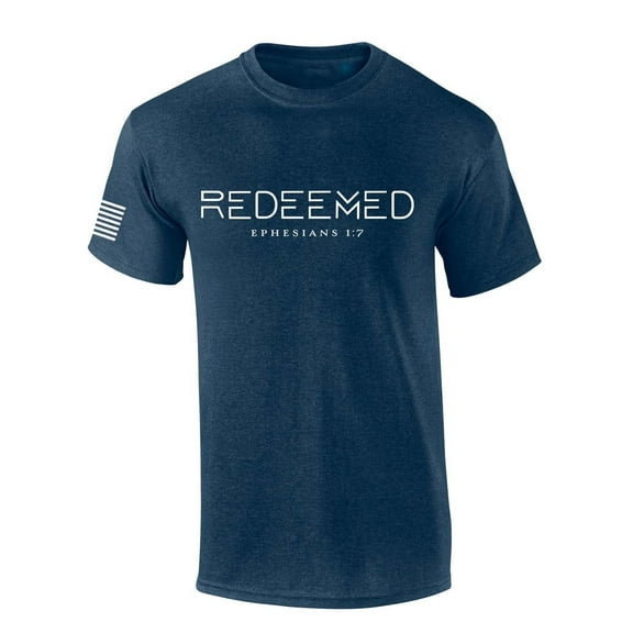 Mens Christian Shirt Redeemed Ephesians 1:7 Scripture American Flag Sleeve T-shirt Graphic Tee-Heather Navy-medium