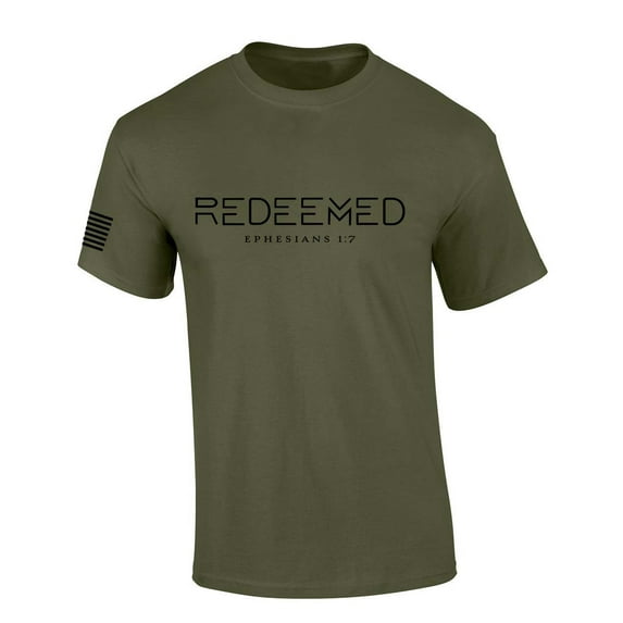 Mens Christian Shirt Redeemed Ephesians 1:7 Scripture American Flag Sleeve T-shirt Graphic Tee-Military Green-4xl