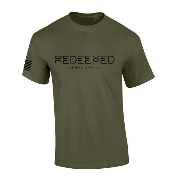 Mens Christian Shirt Redeemed Ephesians 1:7 Scripture American Flag Sleeve T-shirt Graphic Tee-Military Green-5xl