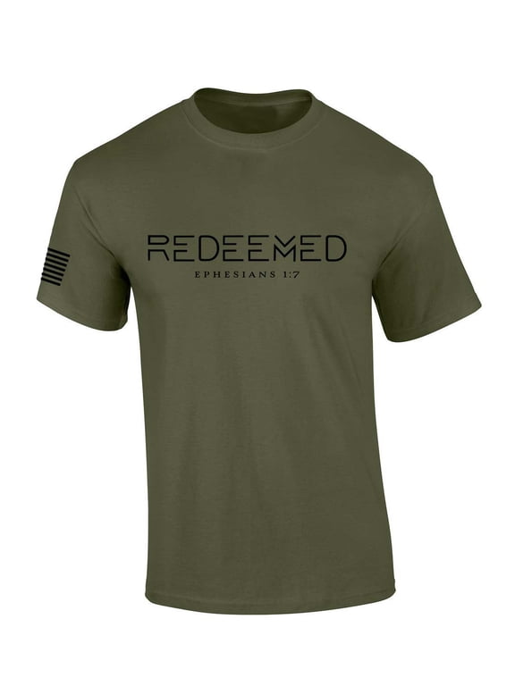 Mens Christian Shirt Redeemed Ephesians 1:7 Scripture American Flag Sleeve T-shirt Graphic Tee-Military Green-medium
