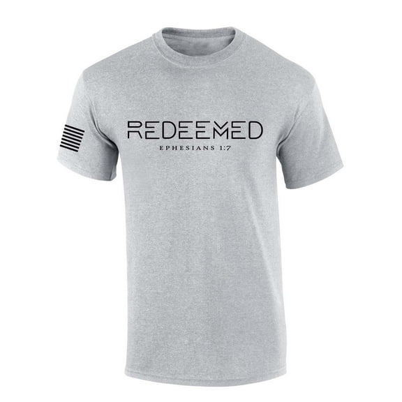 Mens Christian Shirt Redeemed Ephesians 1:7 Scripture American Flag Sleeve T-shirt Graphic Tee-Sports Grey-4xl