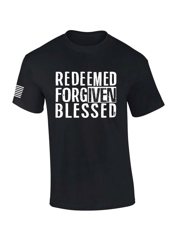 Mens Christian Shirt Redeemed Forgiven Blessed Scripture American Flag Sleeve T-shirt Graphic Tee-Black-large