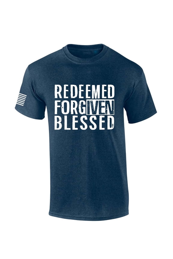 Mens Christian Shirt Redeemed Forgiven Blessed Scripture American Flag Sleeve T-shirt Graphic Tee-Heather Navy-small
