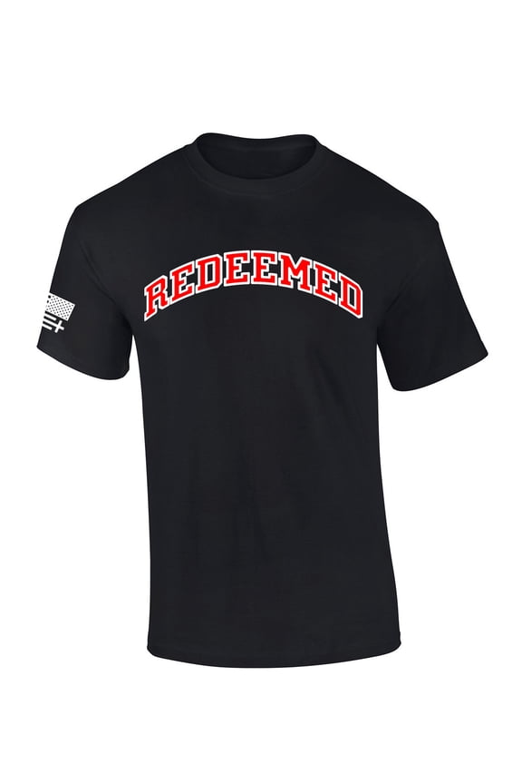 Mens Christian Shirt Redeemed Varsity Letter American Flag Sleeve T-shirt Graphic Tee-Black-xxl