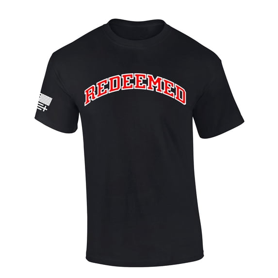 Mens Christian Shirt Redeemed Varsity Letter American Flag Sleeve T-shirt Graphic Tee-Black-xxxl
