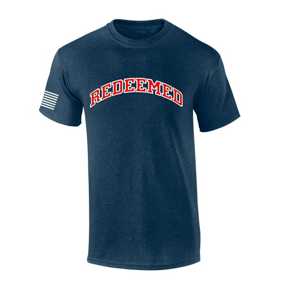 Mens Christian Shirt Redeemed Varsity Letter American Flag Sleeve T-shirt Graphic Tee-Heather Navy-large