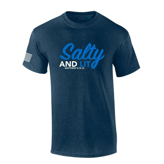 Mens Christian Shirt Salty and Lit Matthew 5:13-14 Scripture Flag Sleeve Short Sleeve T-shirt Graphic Tee-Heather Navy-xxxl