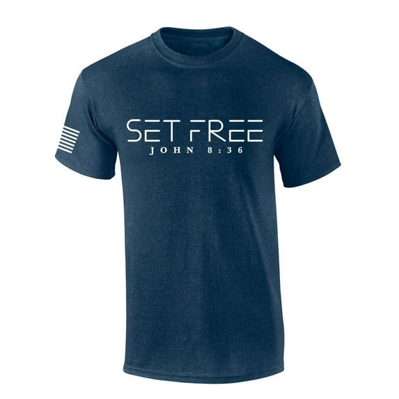 Mens Christian Shirt Set Free John 8:36 Short Sleeve T-shirt Graphic Tee-Heather Navy-xxxl