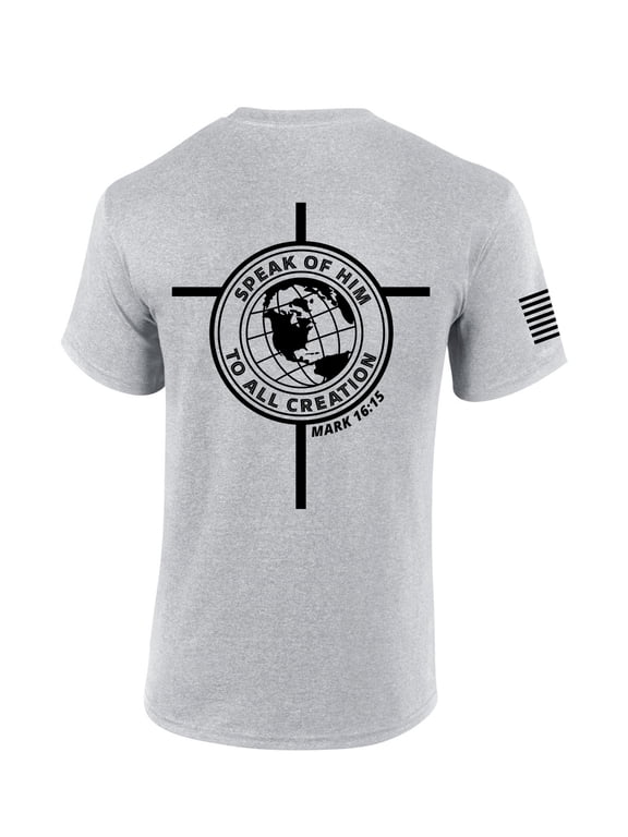 Mens Christian Shirt Speak of Him to All Creation Mark 16:15 Scripture Back Design Short Sleeve T-shirt Graphic Tee-Sports Grey-large