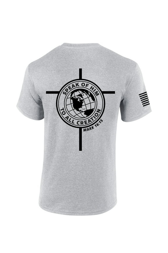 Mens Christian Shirt Speak of Him to All Creation Mark 16:15 Scripture Back Design Short Sleeve T-shirt Graphic Tee-Sports Grey-small