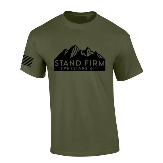 Mens Christian Shirt Stand Firm Ephesians 6:11 Scripture American Flag Sleeve T-shirt Graphic Tee-Military Green-medium