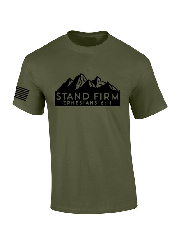 Mens Christian Shirt Stand Firm Ephesians 6:11 Scripture American Flag Sleeve T-shirt Graphic Tee-Military Green-small