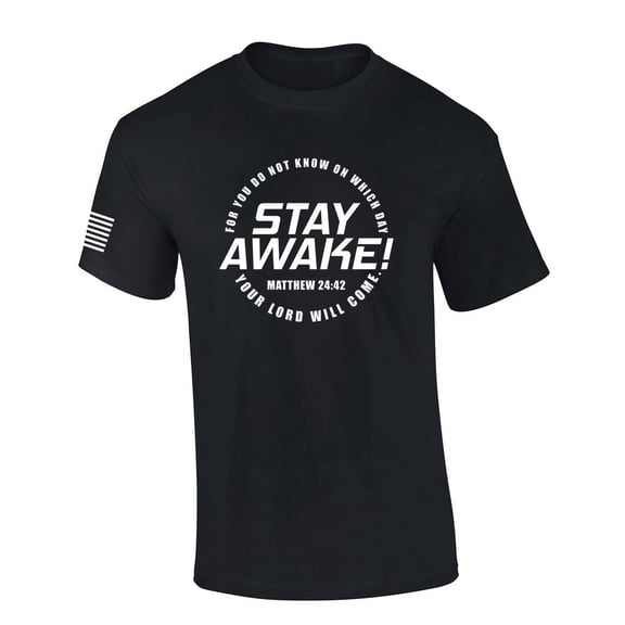 Mens Christian Shirt Stay Awake Matthew 24:42 Scripture American Flag Sleeve T-shirt Graphic Tee-Black-medium