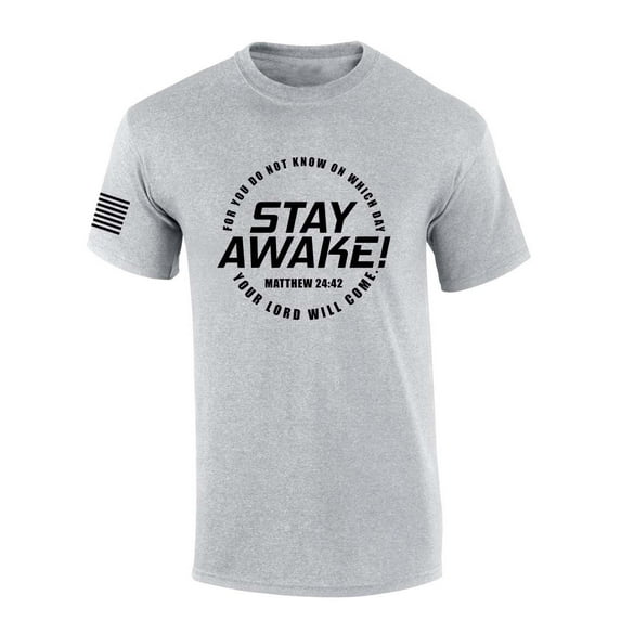 Mens Christian Shirt Stay Awake Matthew 24:42 Scripture American Flag Sleeve T-shirt Graphic Tee-Sports Grey-4xl