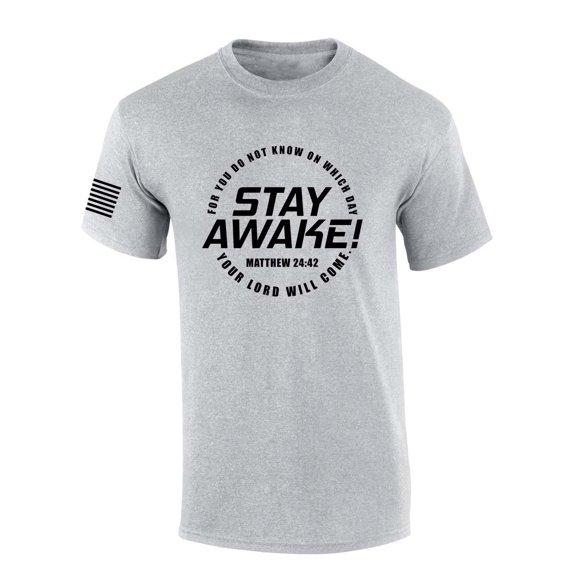 Mens Christian Shirt Stay Awake Matthew 24:42 Scripture American Flag Sleeve T-shirt Graphic Tee-Sports Grey-large