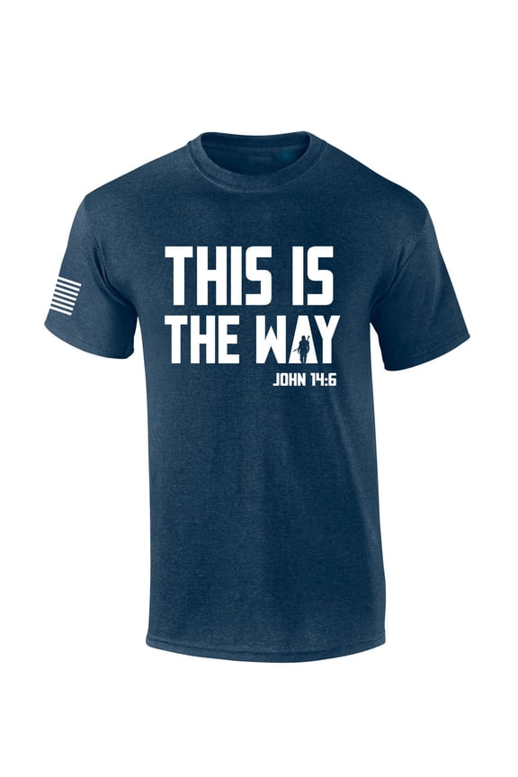 Mens Christian Shirt This Is The Way John 14:6 Scripture American Flag Sleeve T-shirt Graphic Tee-Heather Navy-5xl
