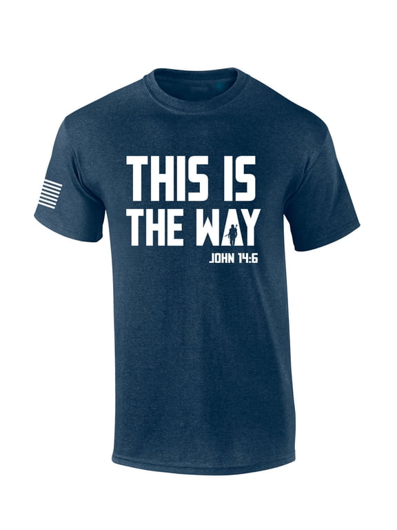 Mens Christian Shirt This Is The Way John 14:6 Scripture American Flag Sleeve T-shirt Graphic Tee-Heather Navy-large