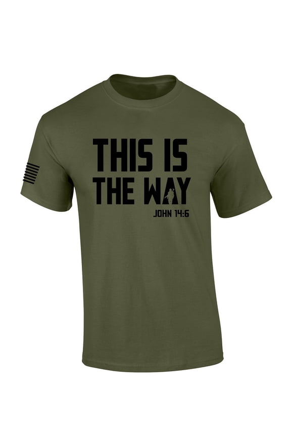 Mens Christian Shirt This Is The Way John 14:6 Scripture American Flag Sleeve T-shirt Graphic Tee-Military Green-6xl