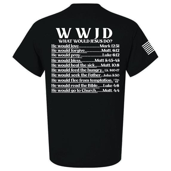 Mens Christian Shirt WWJD? He Would Love Forgive Pray Bless Christian Flag Sleeve Back Design Short Sleeve T-shirt-Black-medium