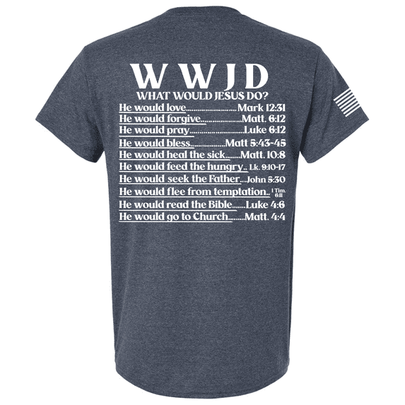 Mens Christian Shirt WWJD? He Would Love Forgive Pray Bless Christian Flag Sleeve Back Design Short Sleeve T-shirt-Heather Navy-6xl