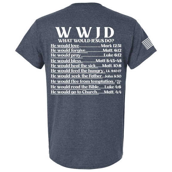 Mens Christian Shirt WWJD? He Would Love Forgive Pray Bless Christian Flag Sleeve Back Design Short Sleeve T-shirt-Heather Navy-xl